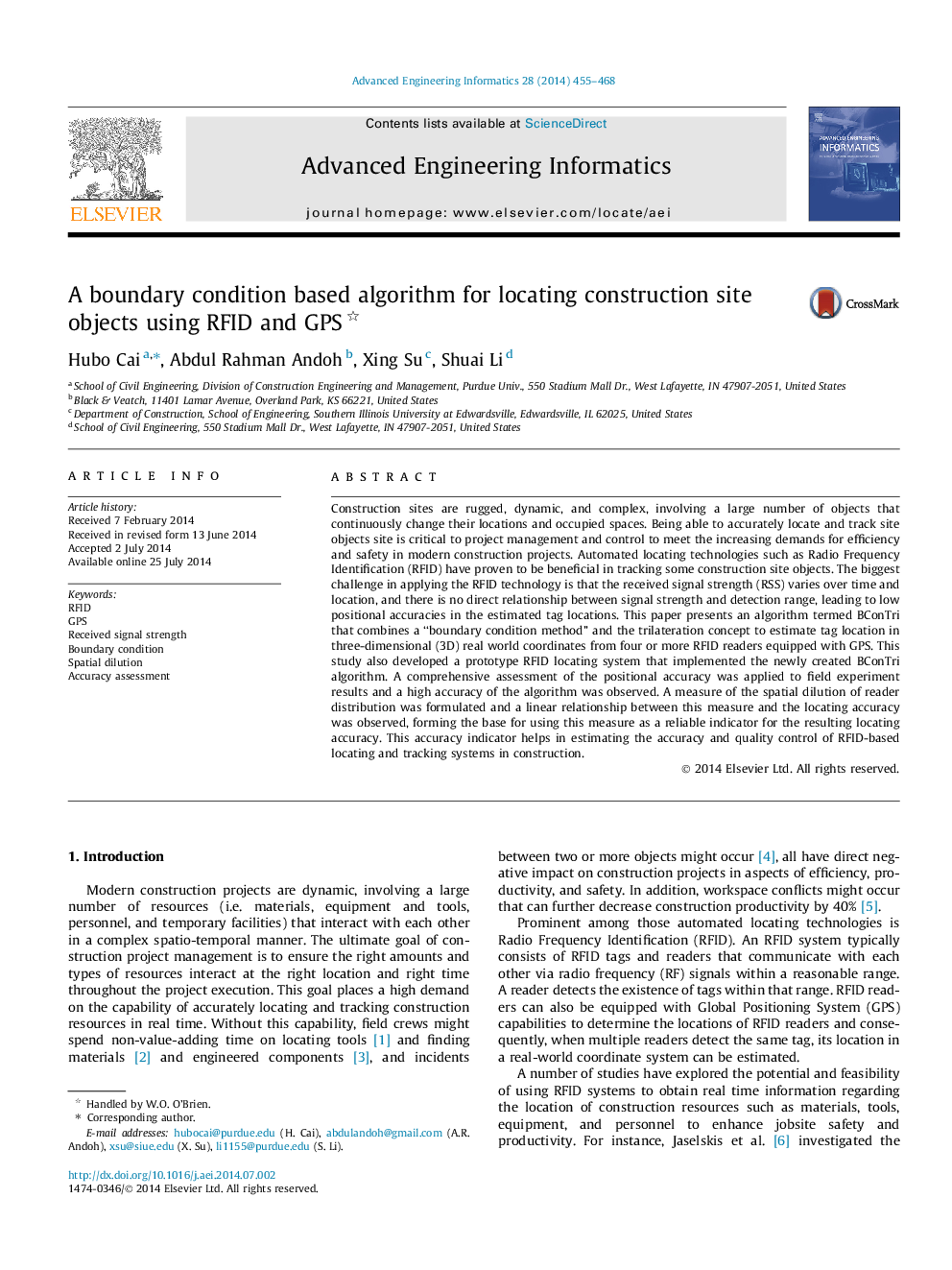 A boundary condition based algorithm for locating construction site objects using RFID and GPS