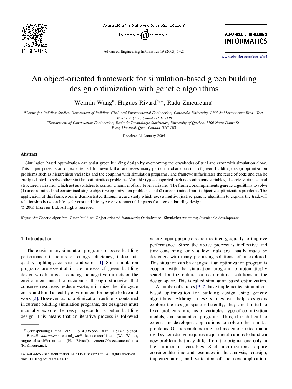 An object-oriented framework for simulation-based green building design optimization with genetic algorithms