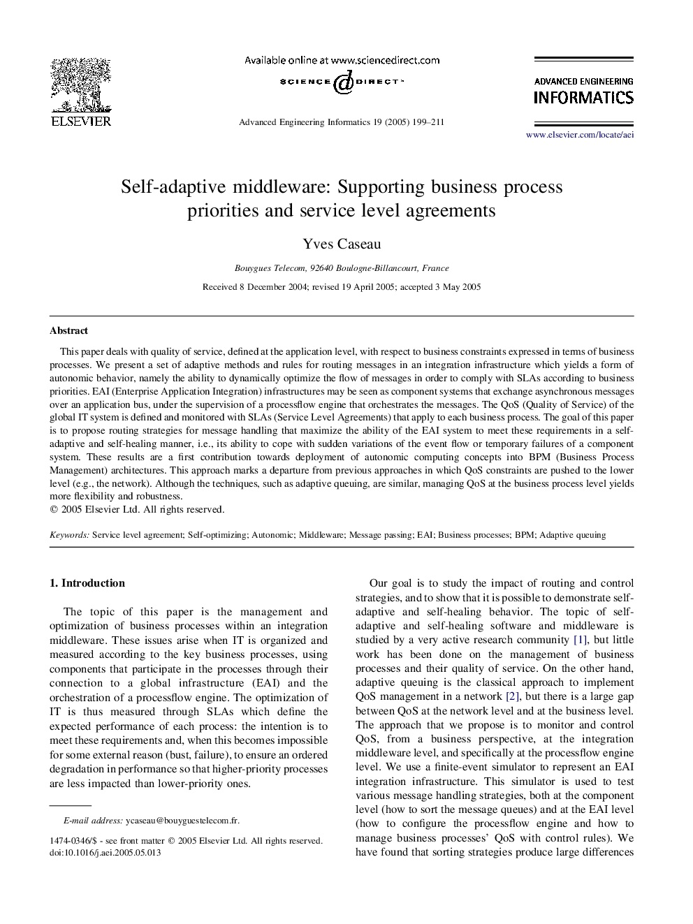 Self-adaptive middleware: Supporting business process priorities and service level agreements