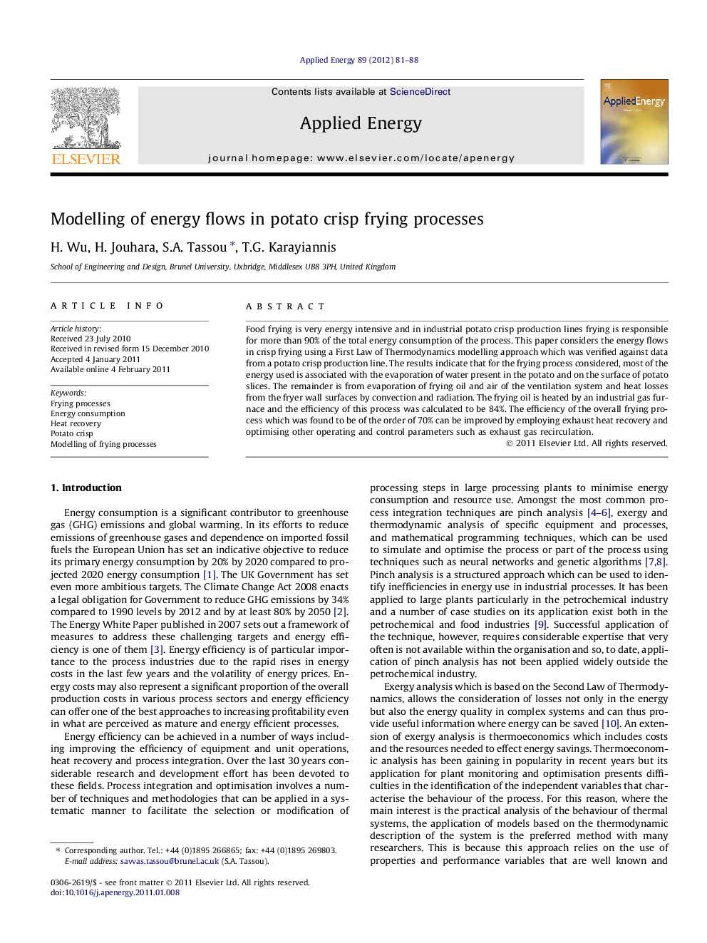 Modelling of energy flows in potato crisp frying processes