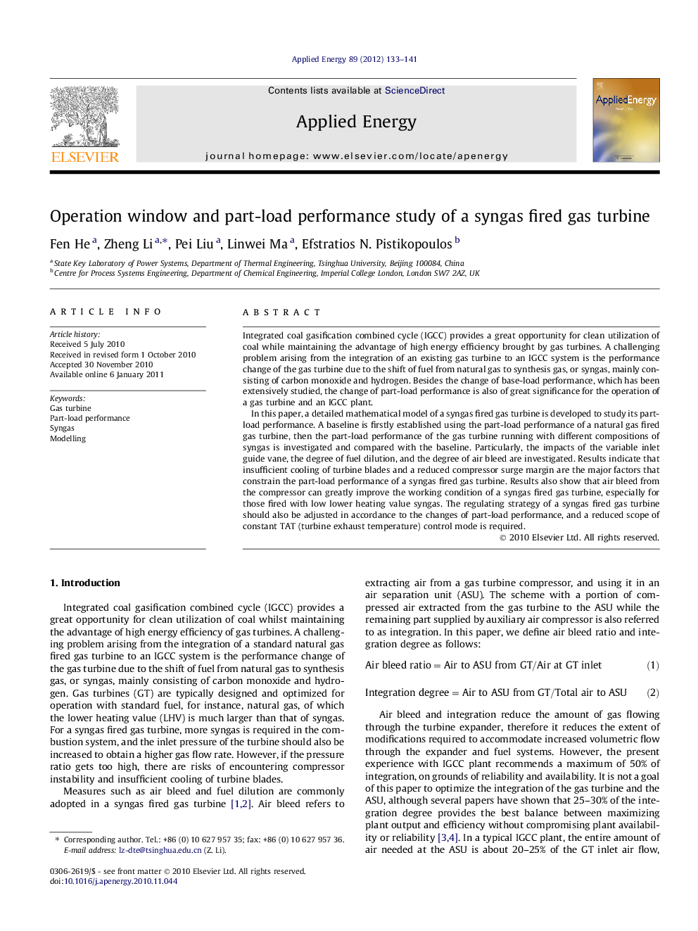 Operation window and part-load performance study of a syngas fired gas turbine