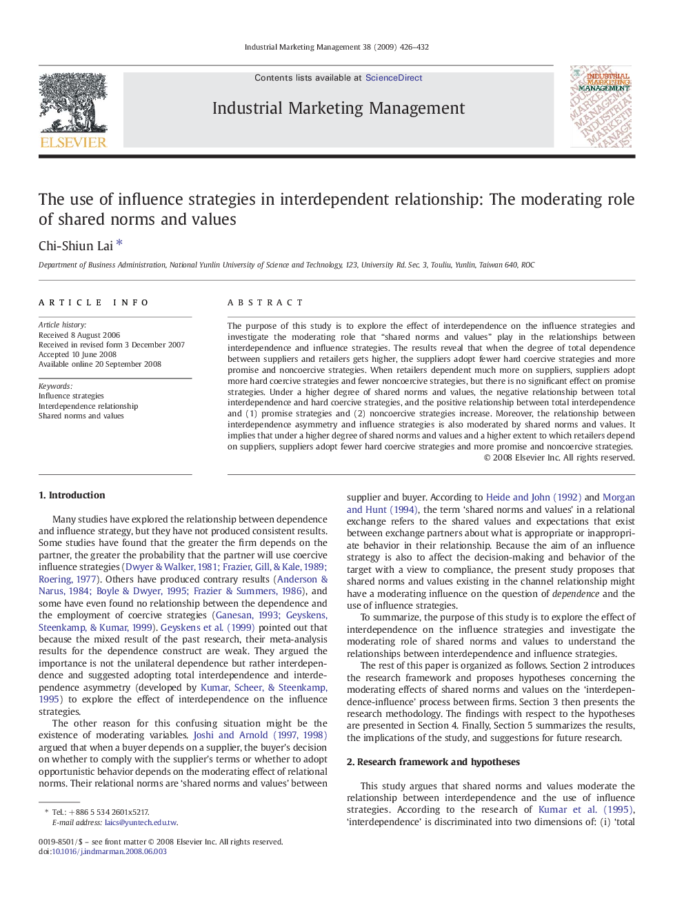 The use of influence strategies in interdependent relationship: The moderating role of shared norms and values