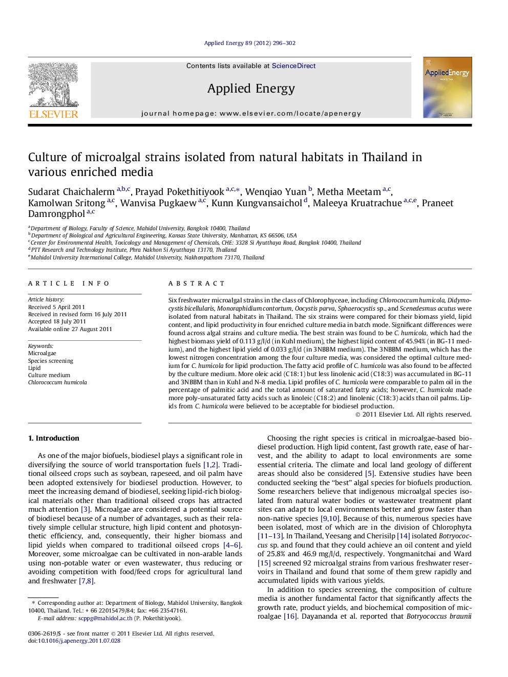 Culture of microalgal strains isolated from natural habitats in Thailand in various enriched media