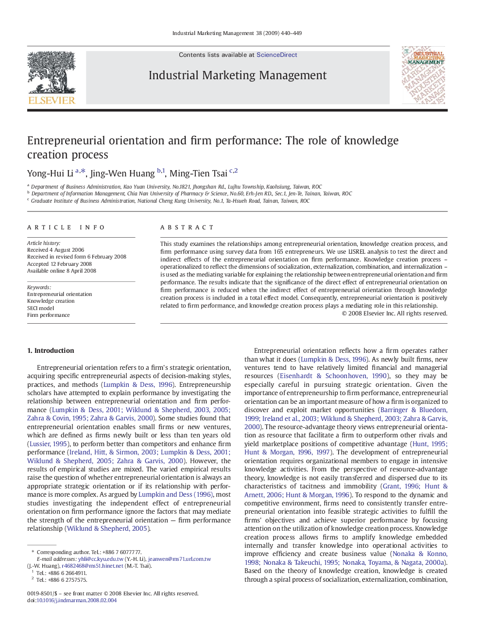 Entrepreneurial orientation and firm performance: The role of knowledge creation process