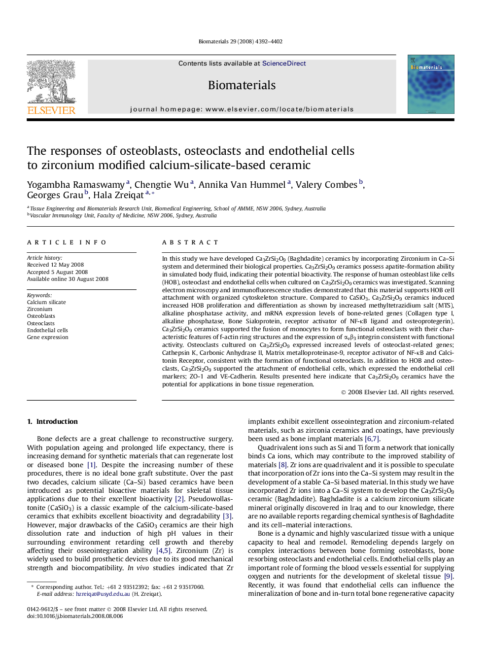 The responses of osteoblasts, osteoclasts and endothelial cells to zirconium modified calcium-silicate-based ceramic