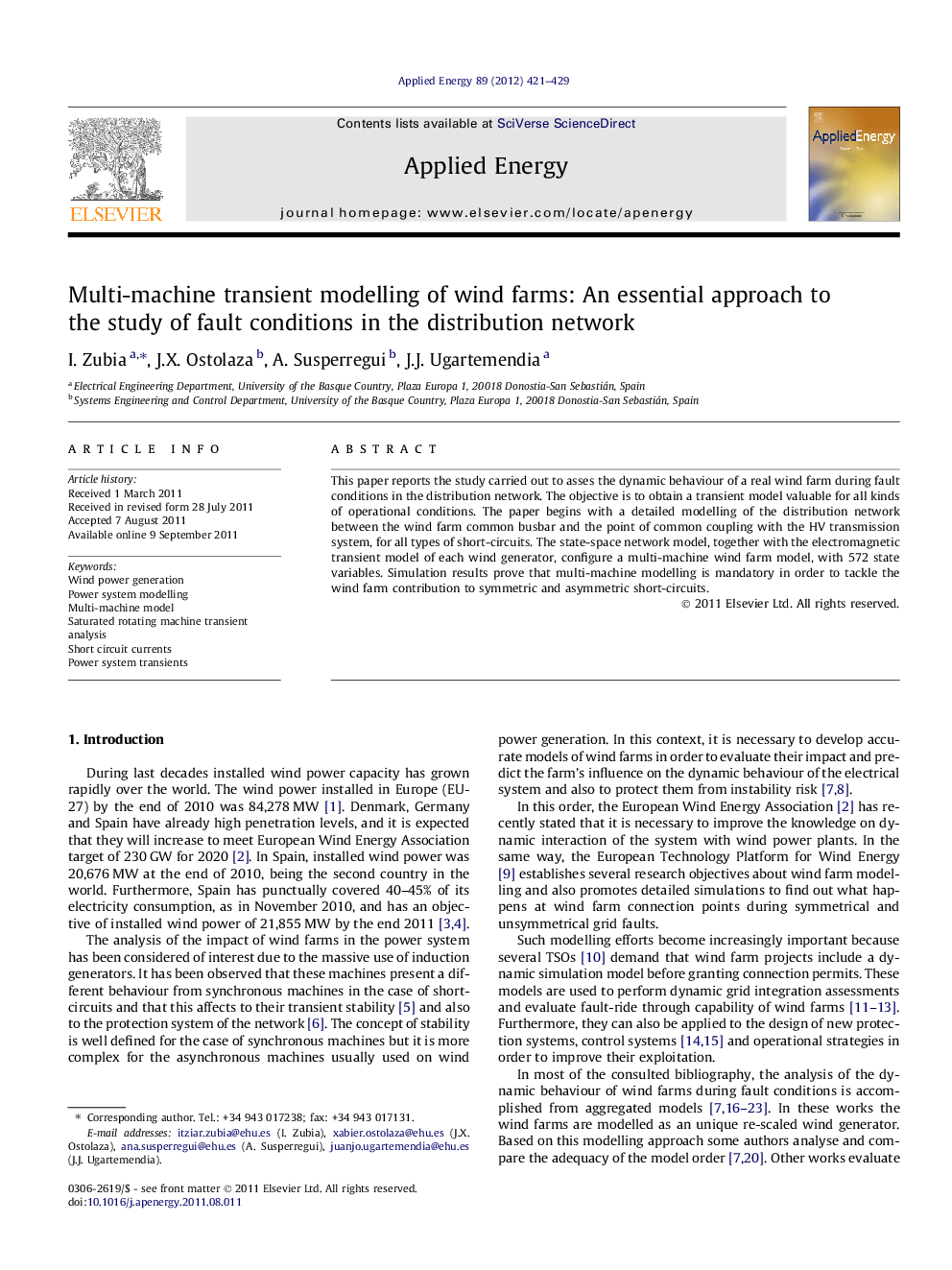 Multi-machine transient modelling of wind farms: An essential approach to the study of fault conditions in the distribution network