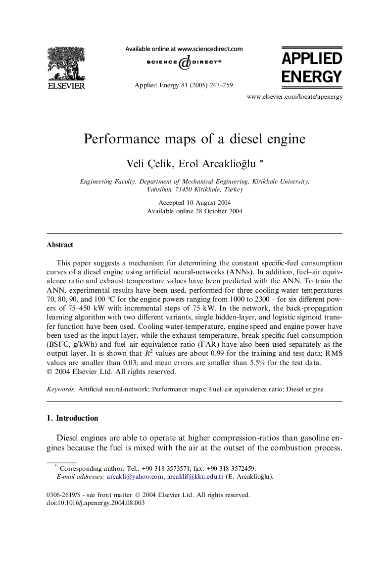 Performance maps of a diesel engine