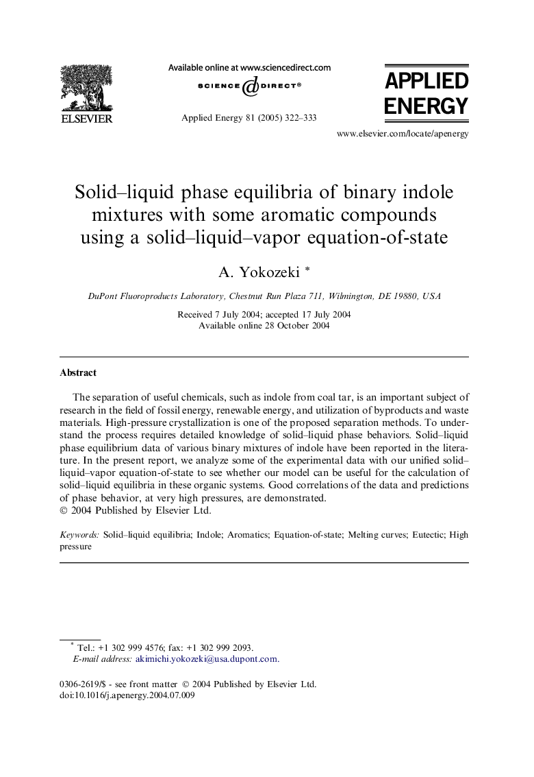 Solid-liquid phase equilibria of binary indole mixtures with some aromatic compounds using a solid-liquid-vapor equation-of-state