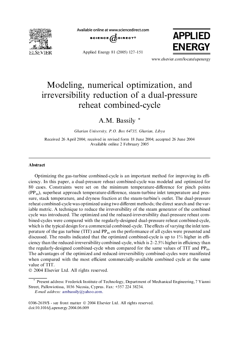 Modeling, numerical optimization, and irreversibility reduction of a dual-pressure reheat combined-cycle