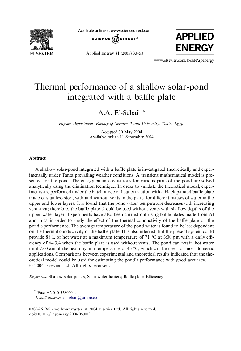 Thermal performance of a shallow solar-pond integrated with a baffle plate