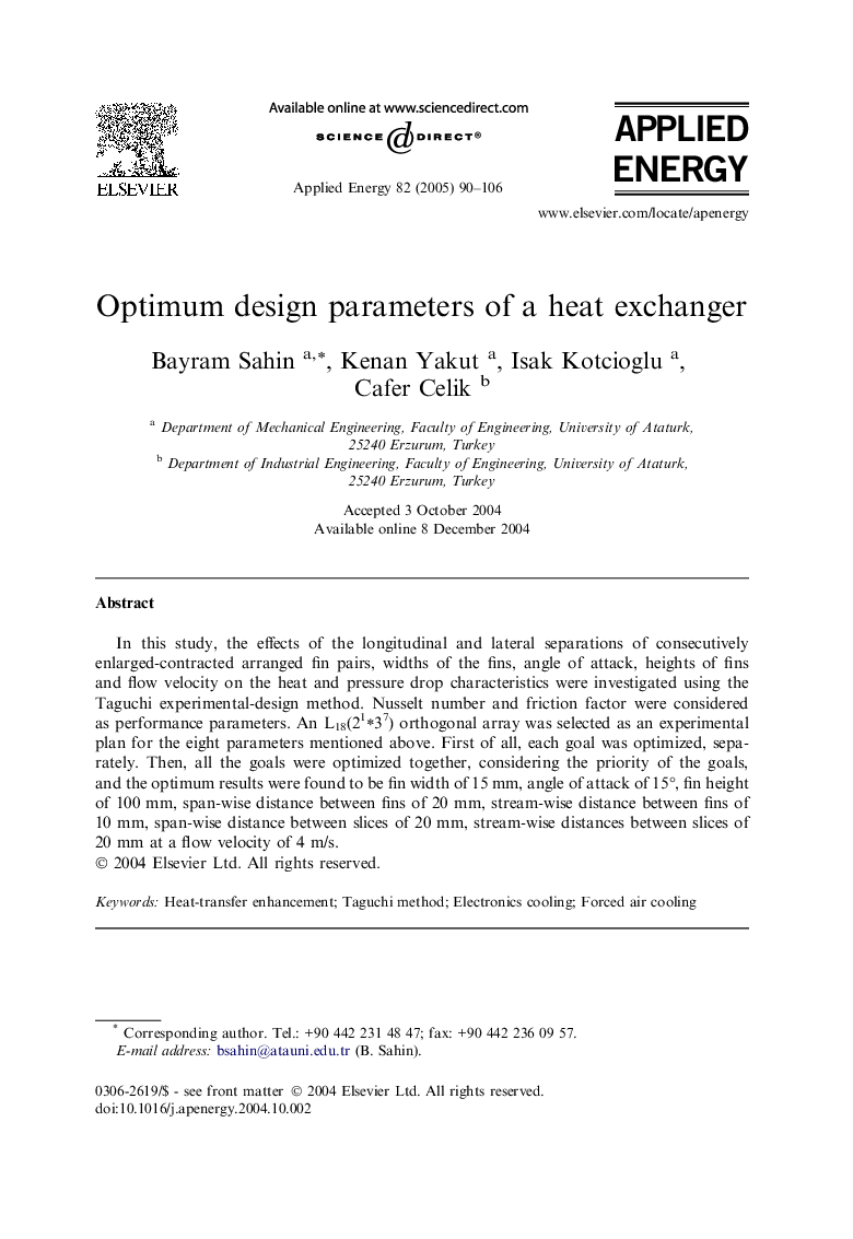 Optimum design parameters of a heat exchanger