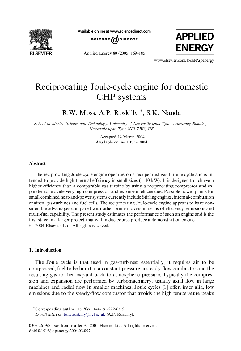 Reciprocating Joule-cycle engine for domestic CHP systems