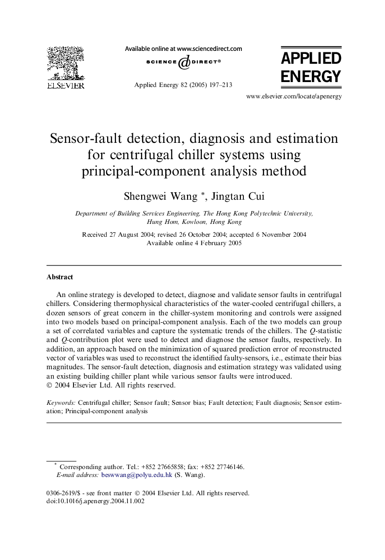 Sensor-fault detection, diagnosis and estimation for centrifugal chiller systems using principal-component analysis method