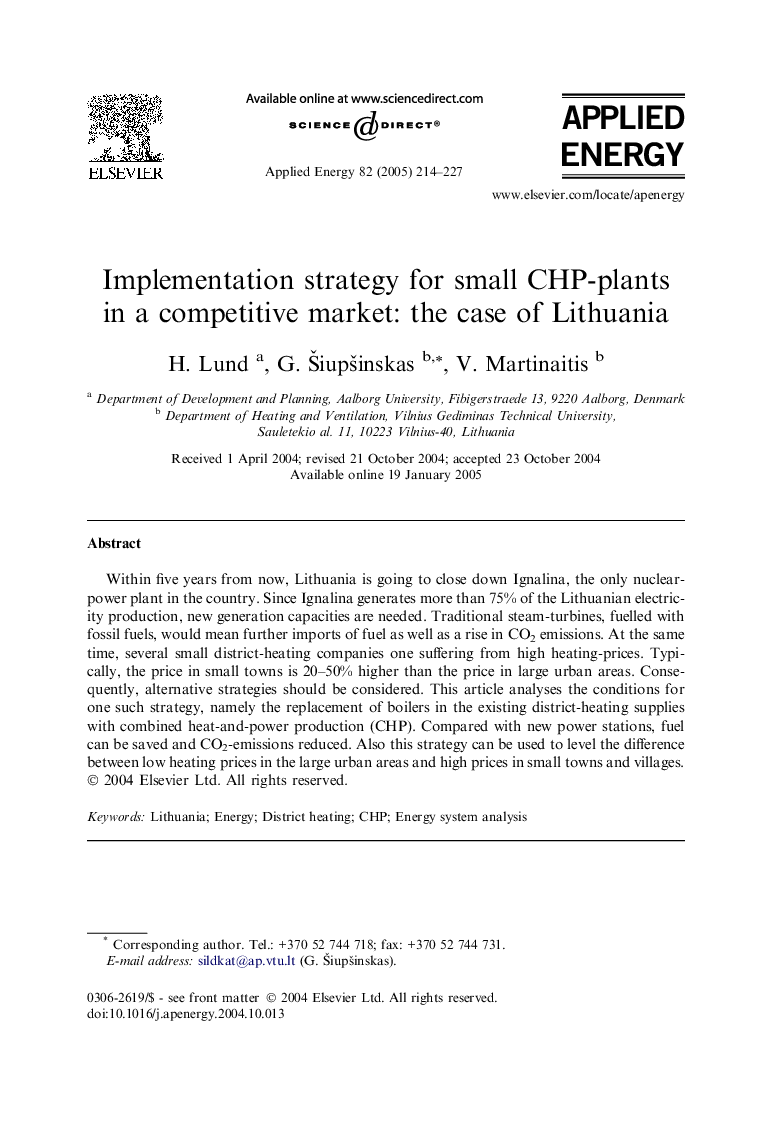 Implementation strategy for small CHP-plants in a competitive market: the case of Lithuania