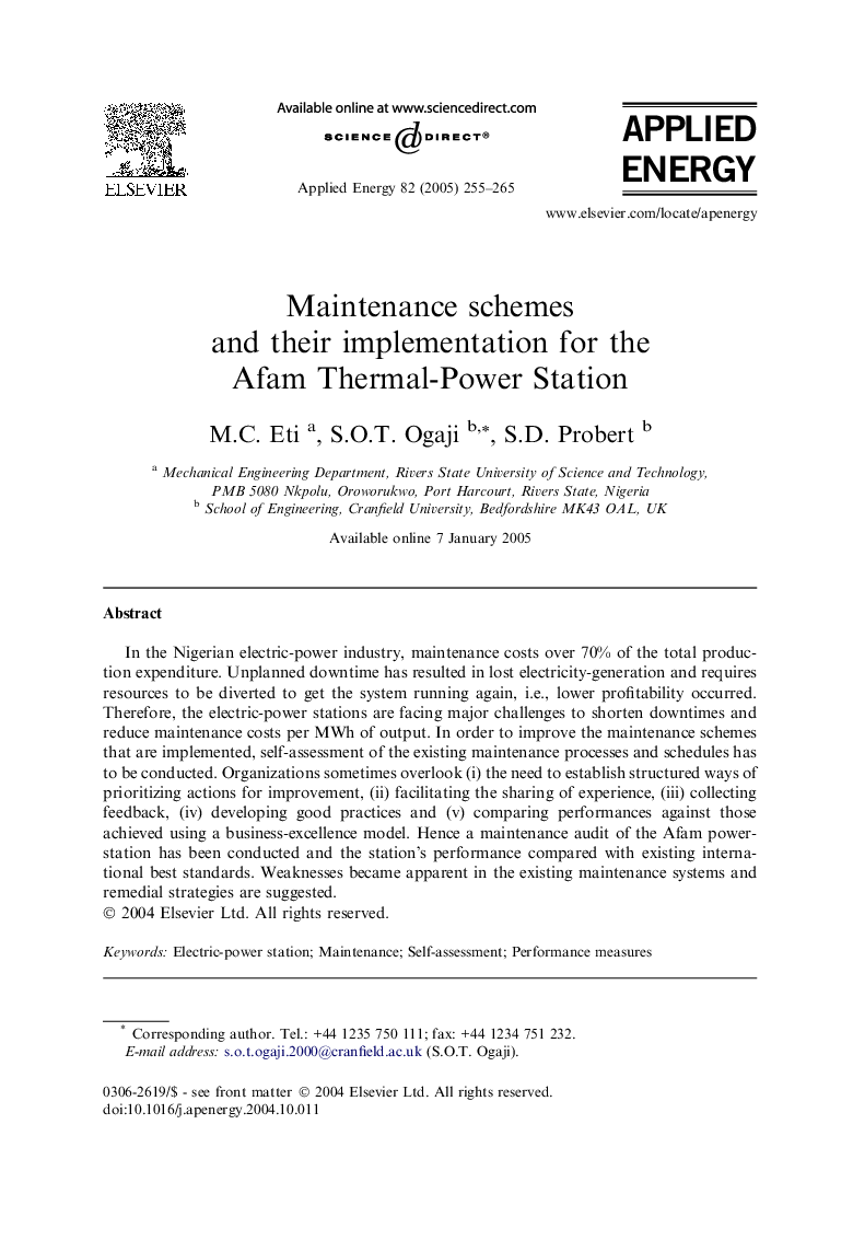 Maintenance schemes and their implementation for the Afam Thermal-Power Station