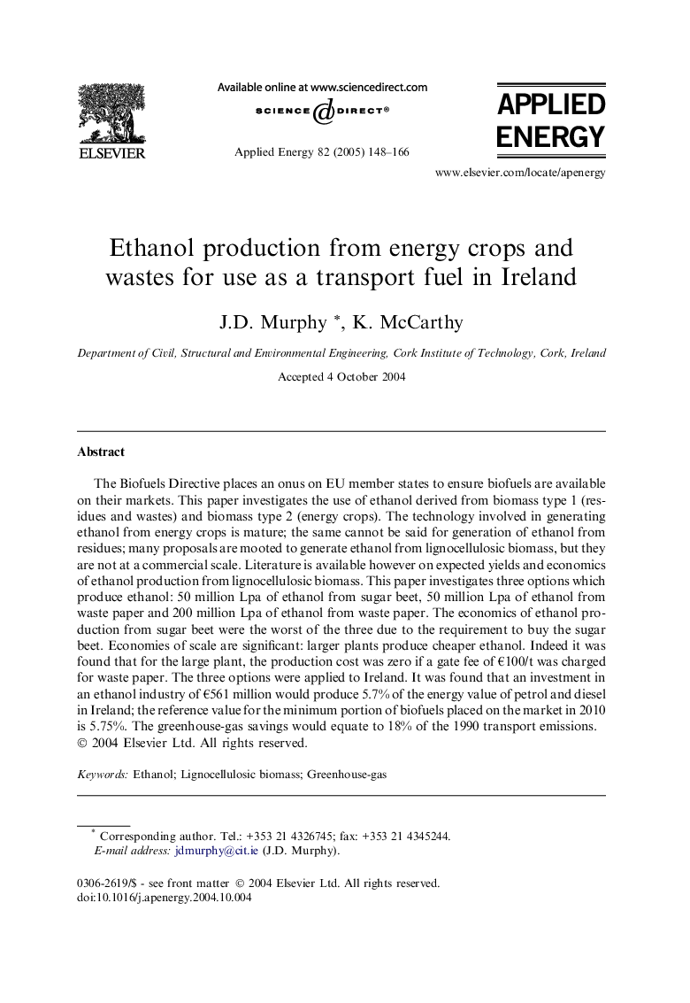 عکس صفحه اول مقاله: Ethanol production from energy crops and wastes for use as a transport fuel in Ireland Ethanol production from energy crops and wastes for use as a transport fuel in Ireland