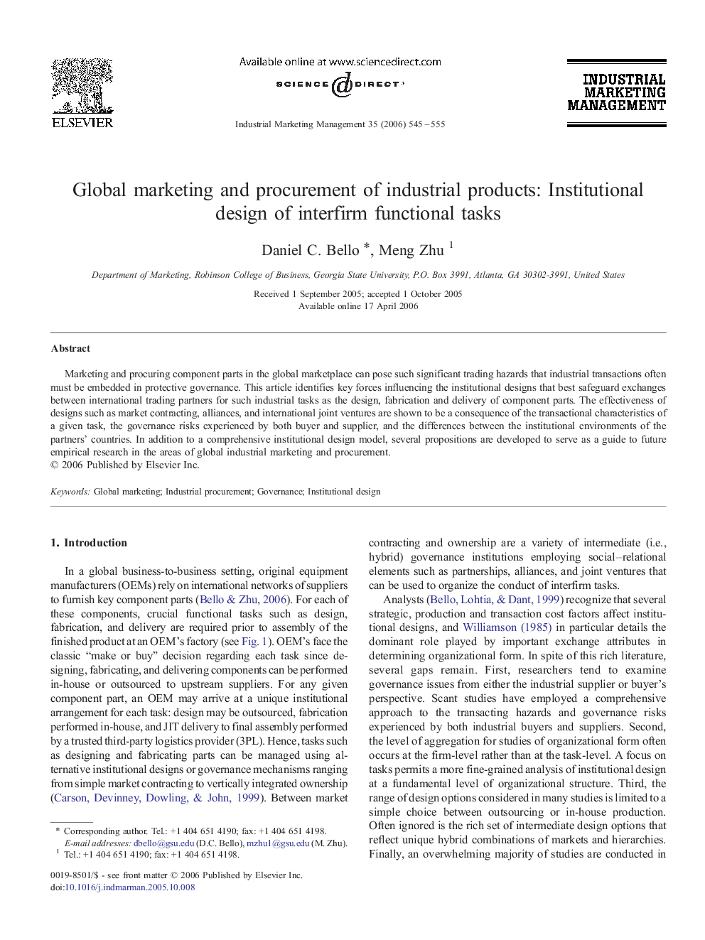 Global marketing and procurement of industrial products: Institutional design of interfirm functional tasks