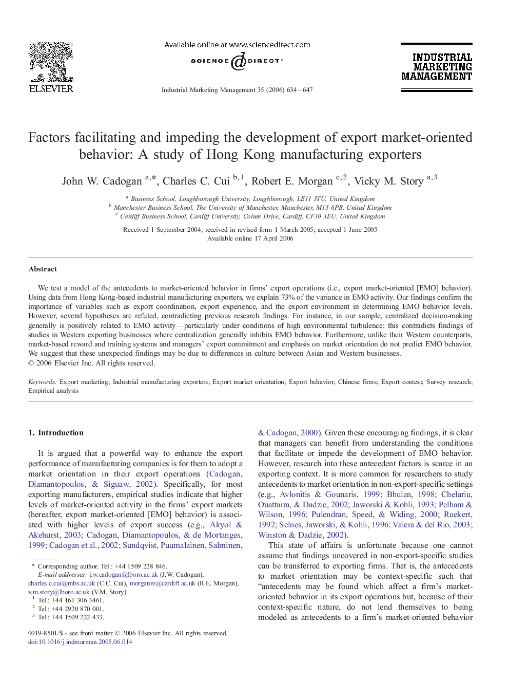 Factors facilitating and impeding the development of export market-oriented behavior: A study of Hong Kong manufacturing exporters