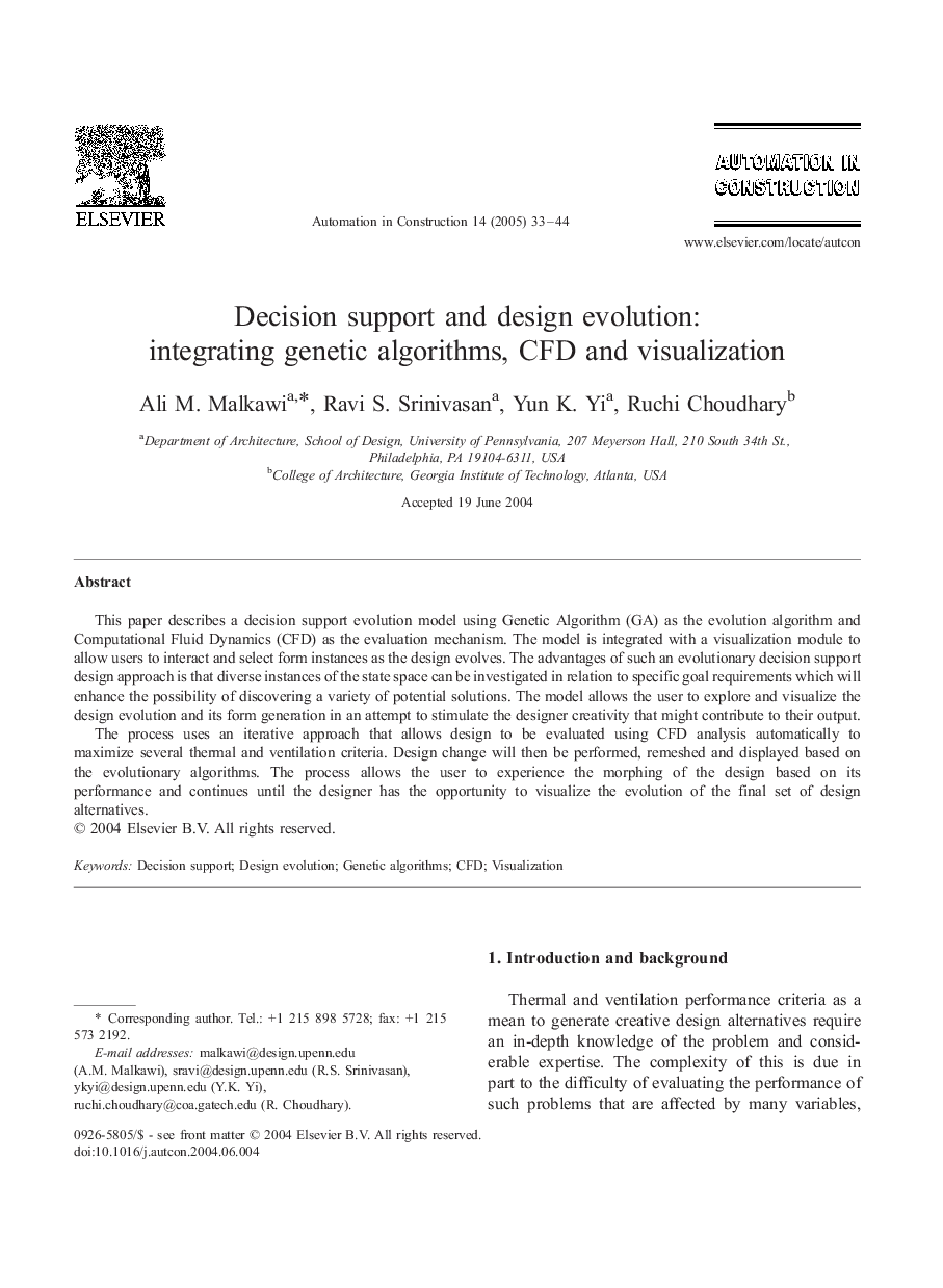 Decision support and design evolution: integrating genetic algorithms, CFD and visualization