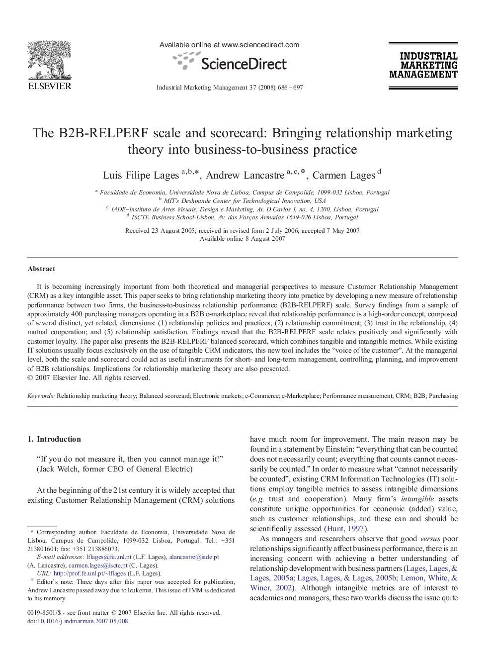 The B2B-RELPERF scale and scorecard: Bringing relationship marketing theory into business-to-business practice