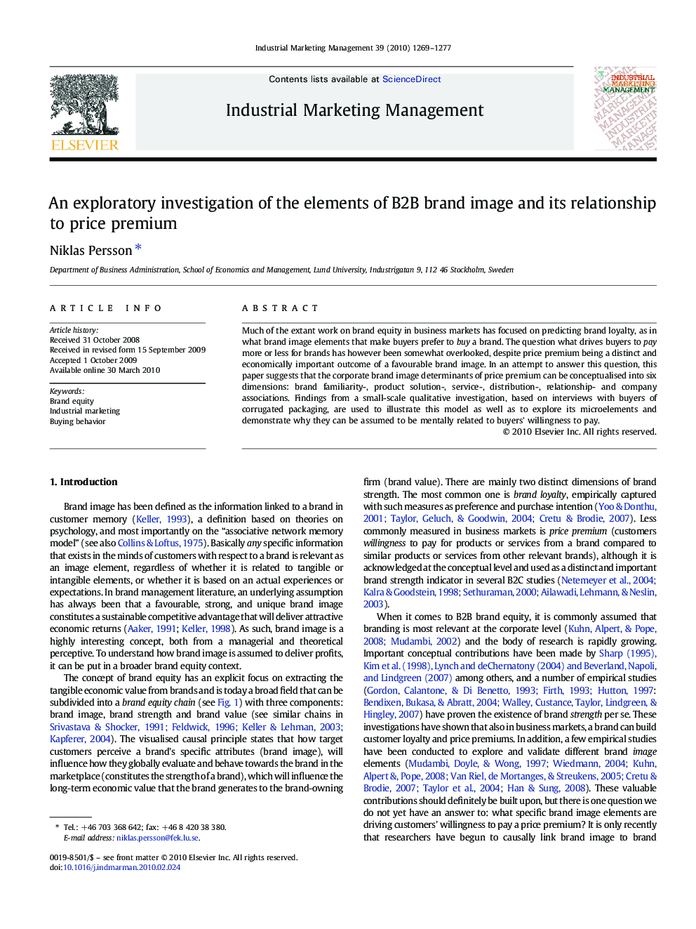 An exploratory investigation of the elements of B2B brand image and its relationship to price premium