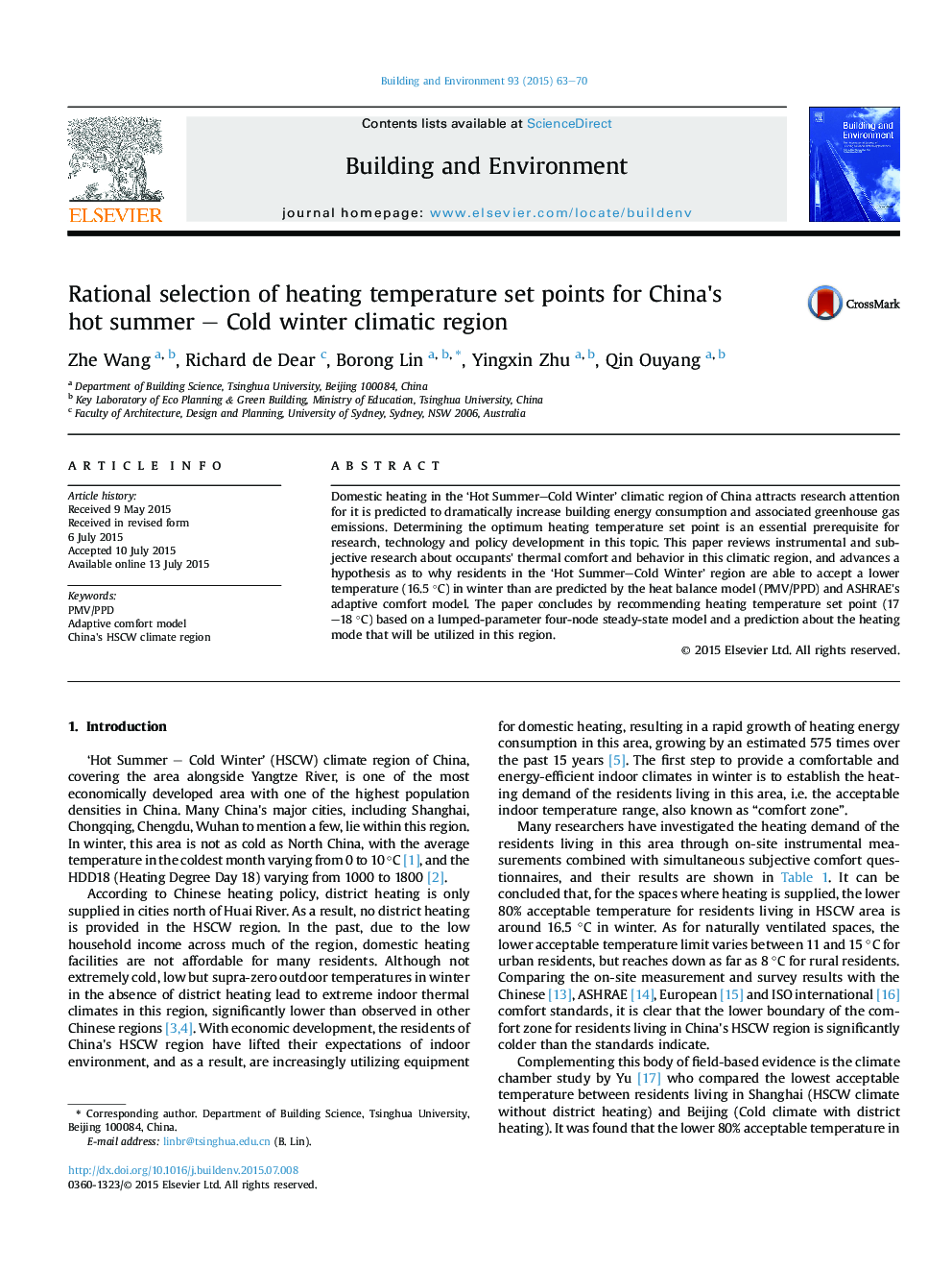 Rational selection of heating temperature set points for China's hotÂ summer - Cold winter climatic region