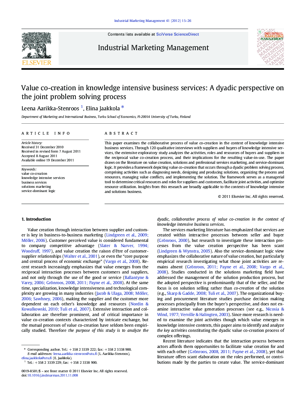 Value co-creation in knowledge intensive business services: A dyadic perspective on the joint problem solving process