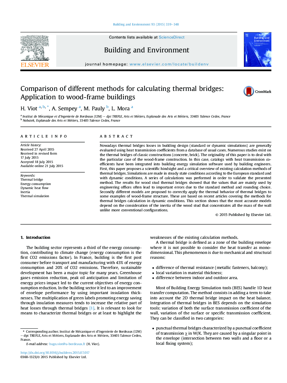 Comparison of different methods for calculating thermal bridges: Application to wood-frame buildings