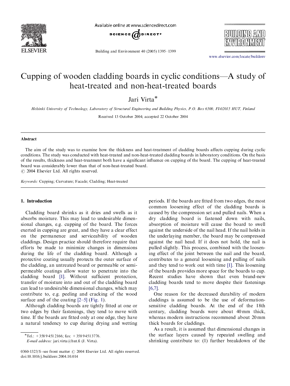 Cupping of wooden cladding boards in cyclic conditions-A study of heat-treated and non-heat-treated boards