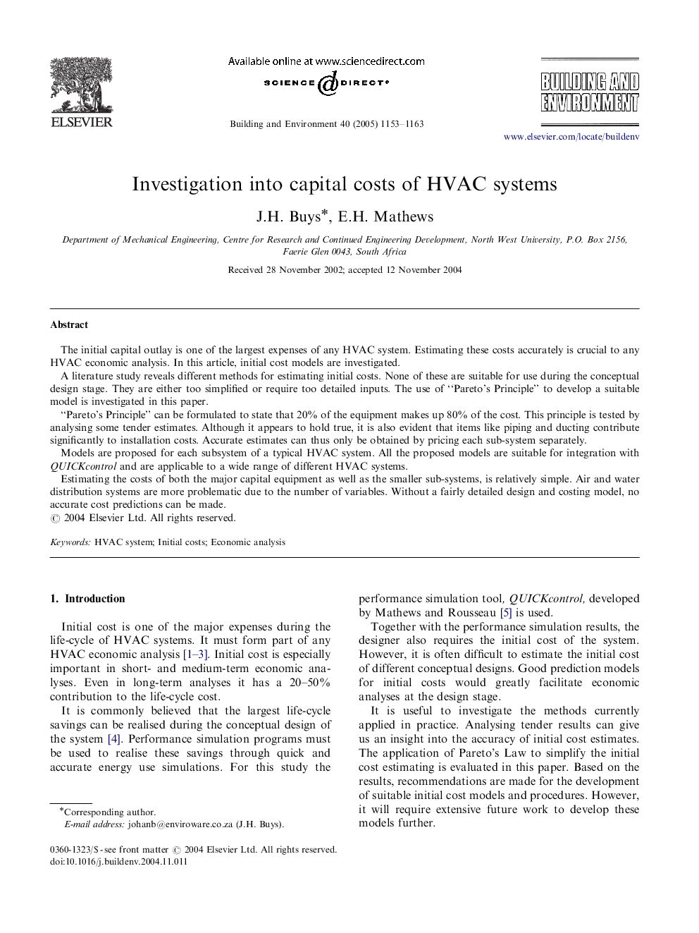 Investigation into capital costs of HVAC systems