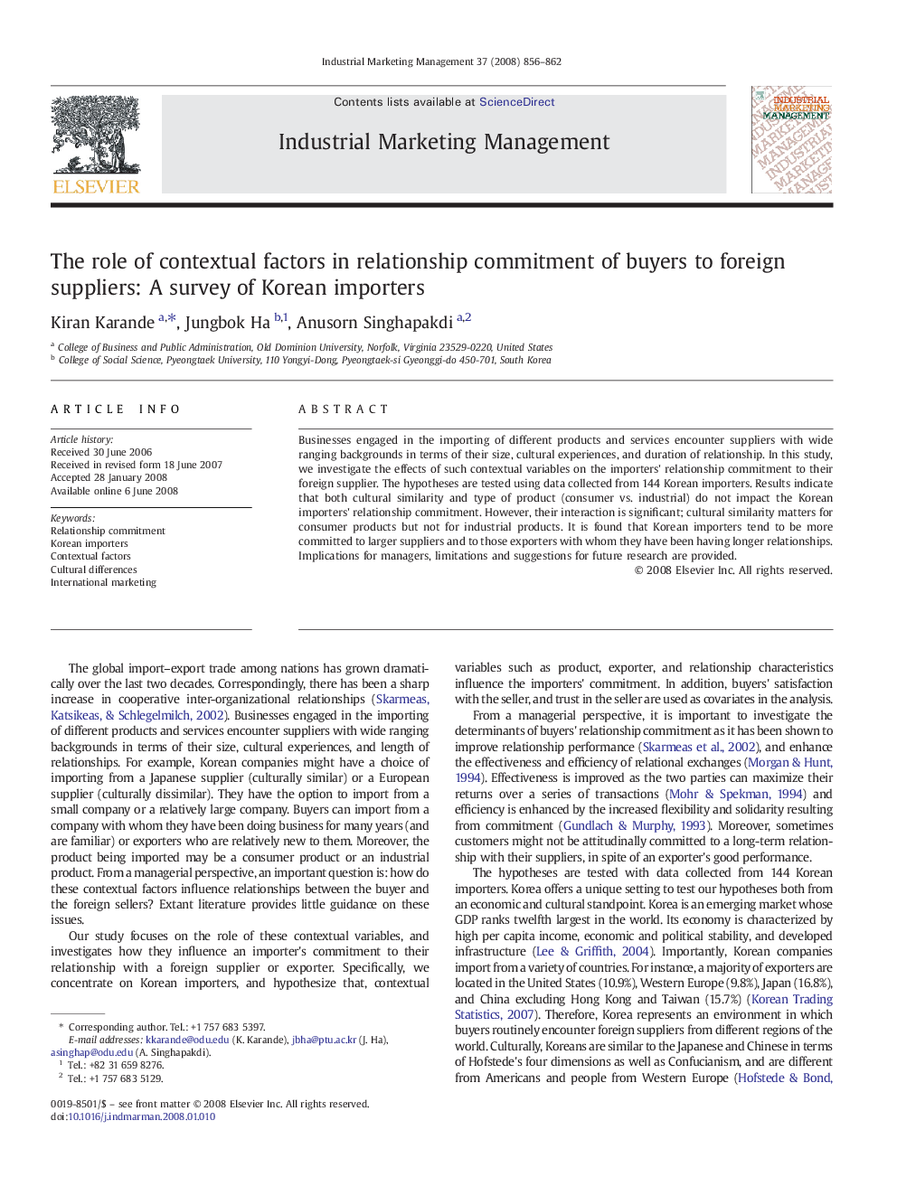 The role of contextual factors in relationship commitment of buyers to foreign suppliers: A survey of Korean importers