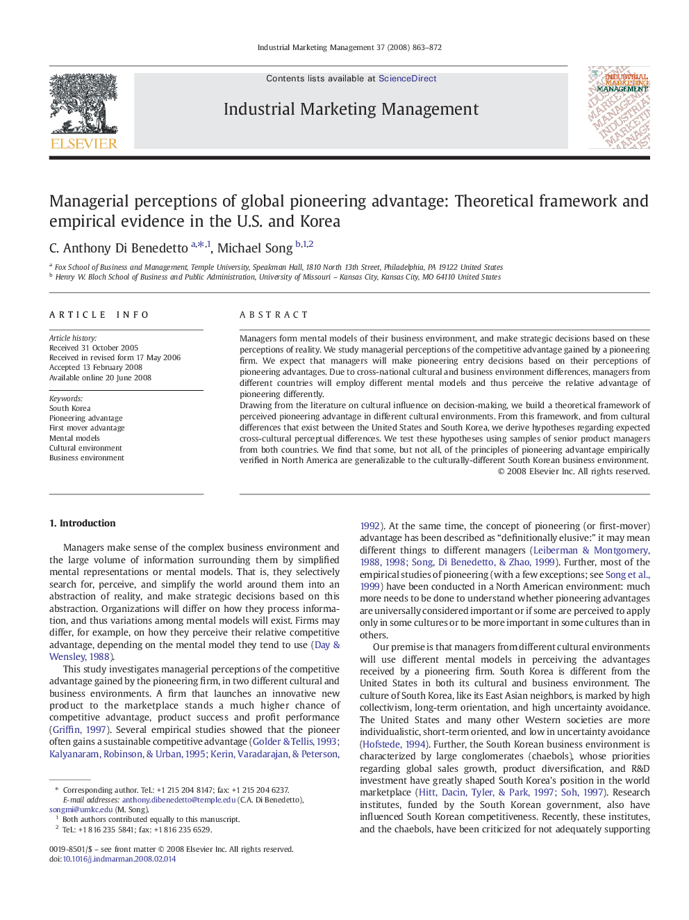 Managerial perceptions of global pioneering advantage: Theoretical framework and empirical evidence in the U.S. and Korea