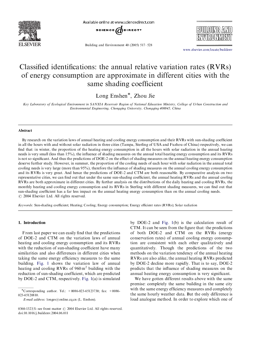 Classified identifications: the annual relative variation rates (RVRs) of energy consumption are approximate in different cities with the same shading coefficient