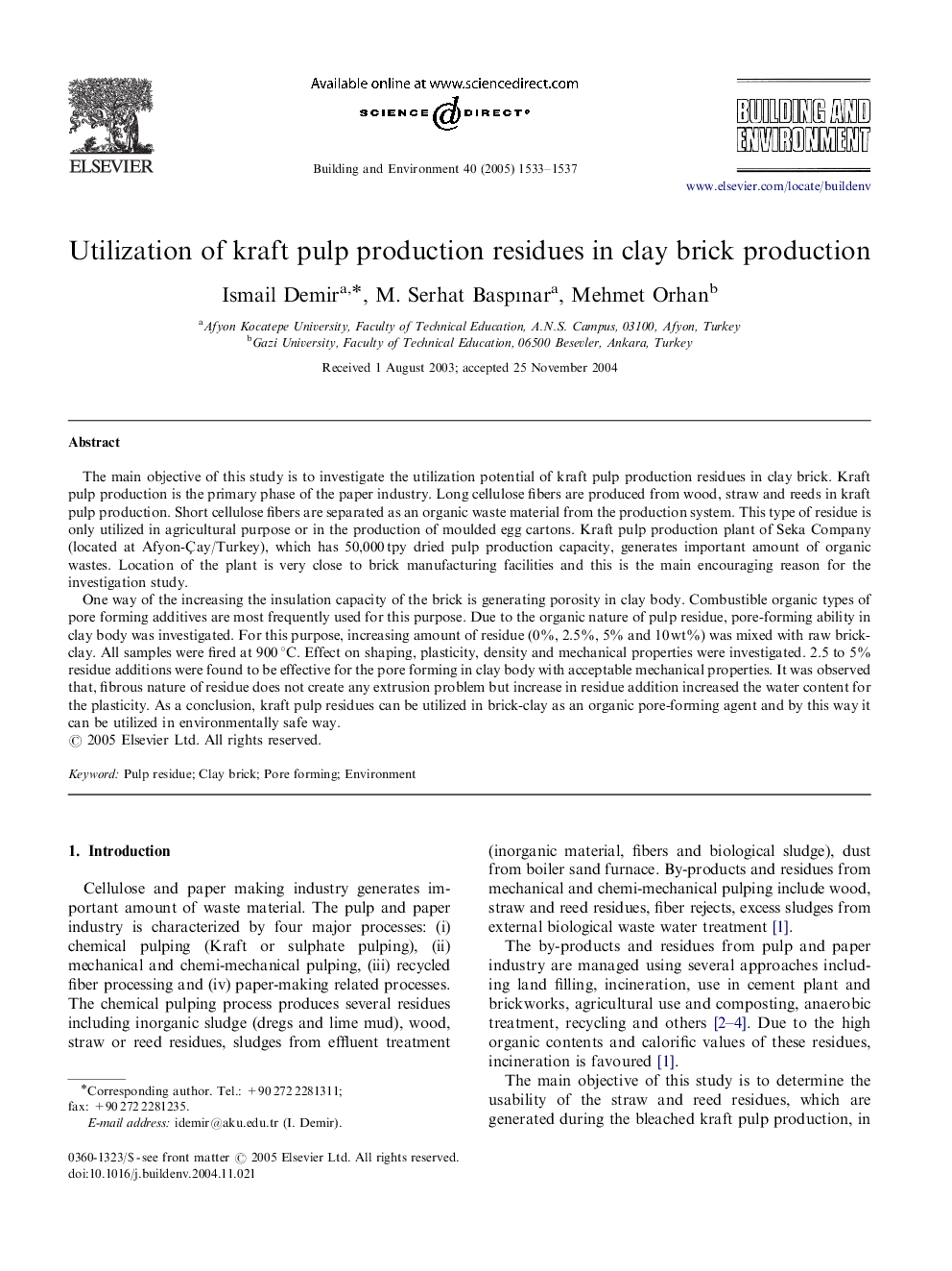 Utilization of kraft pulp production residues in clay brick production