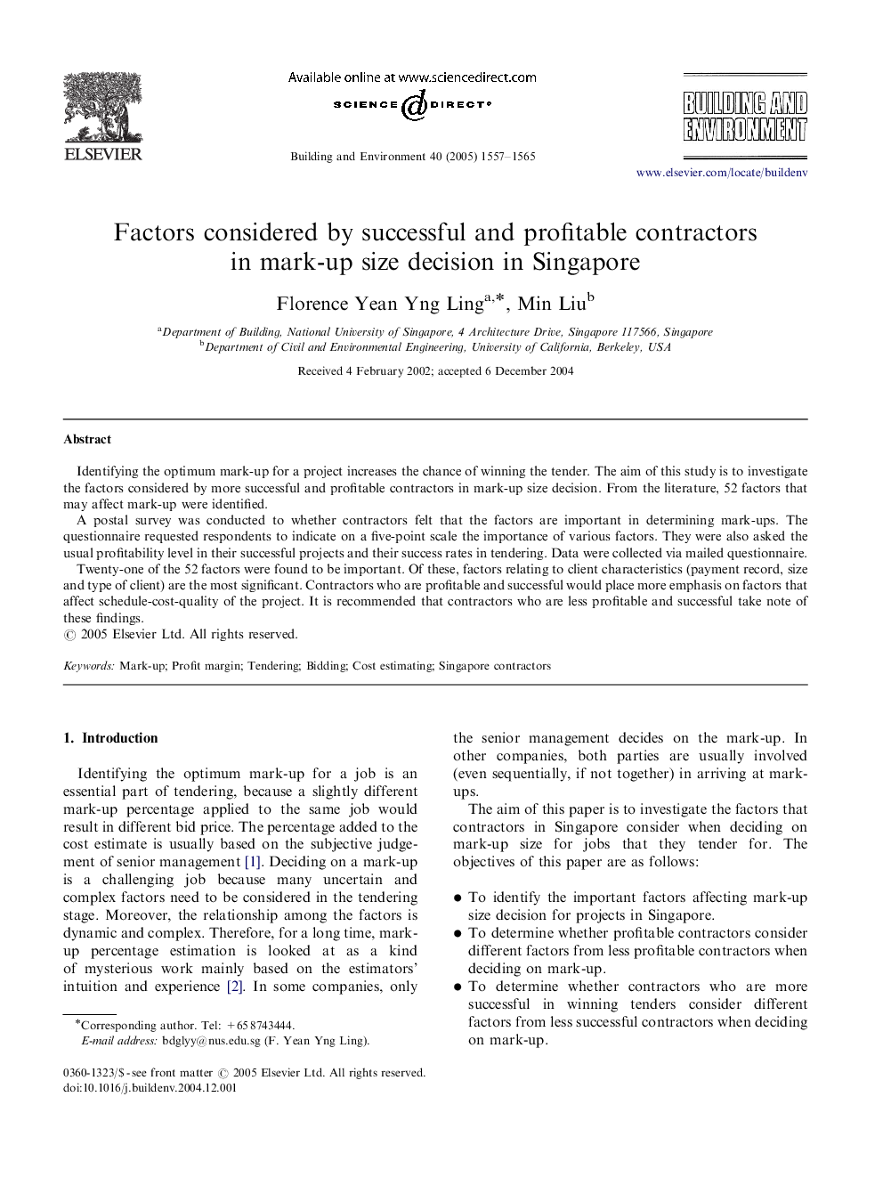 Factors considered by successful and profitable contractors in mark-up size decision in Singapore