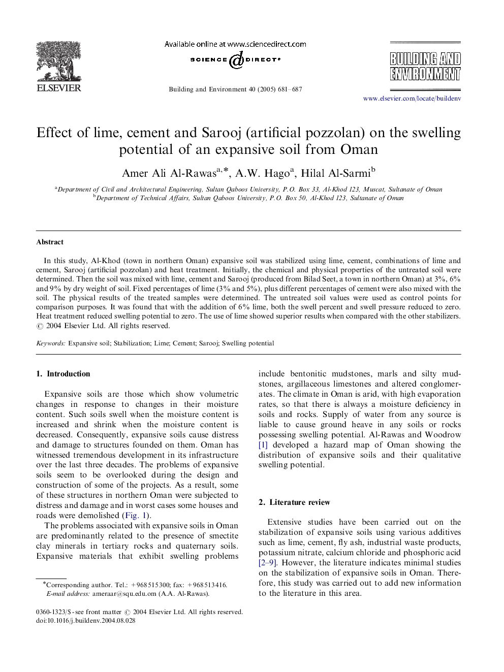 Effect of lime, cement and Sarooj (artificial pozzolan) on the swelling potential of an expansive soil from Oman