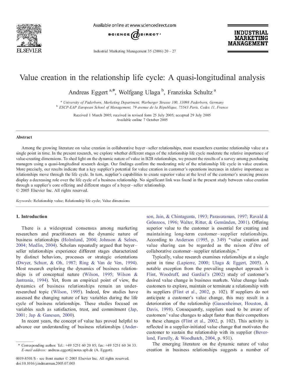 Value creation in the relationship life cycle: A quasi-longitudinal analysis