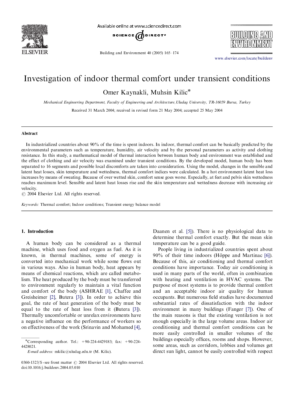 Investigation of indoor thermal comfort under transient conditions