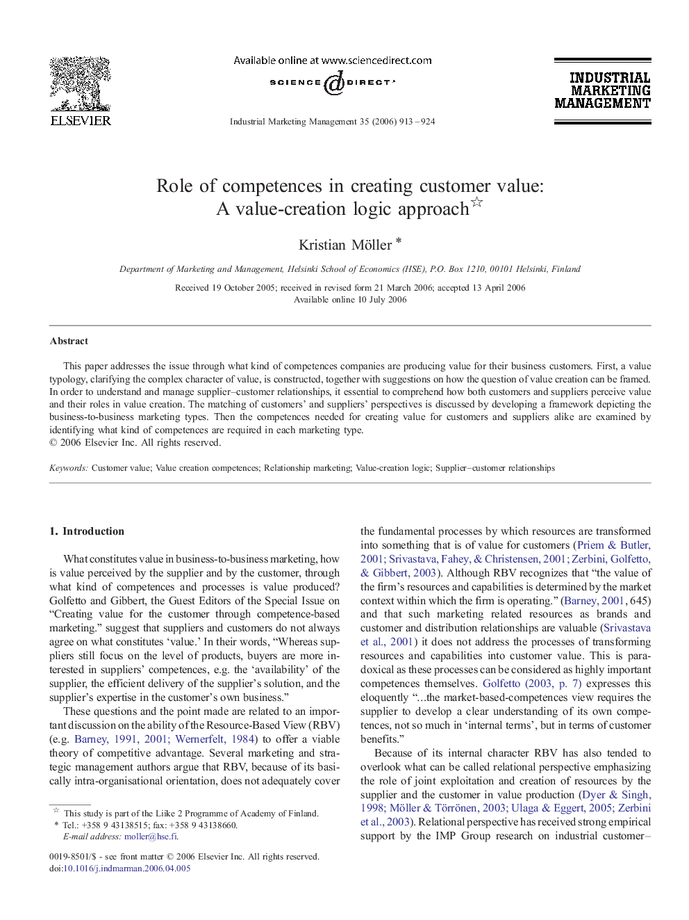 Role of competences in creating customer value: A value-creation logic approach 