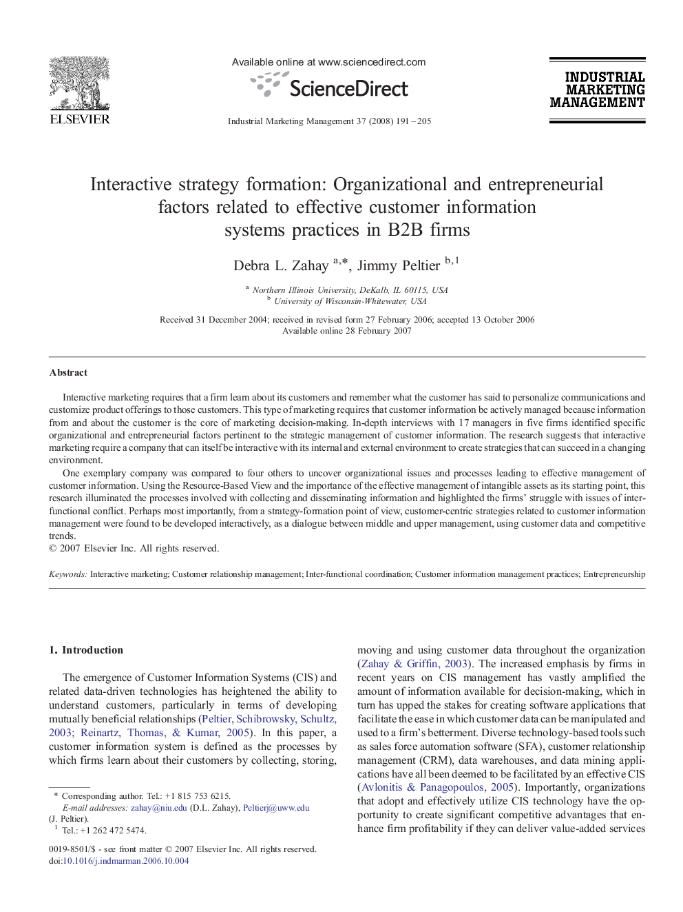 Interactive strategy formation: Organizational and entrepreneurial factors related to effective customer information systems practices in B2B firms