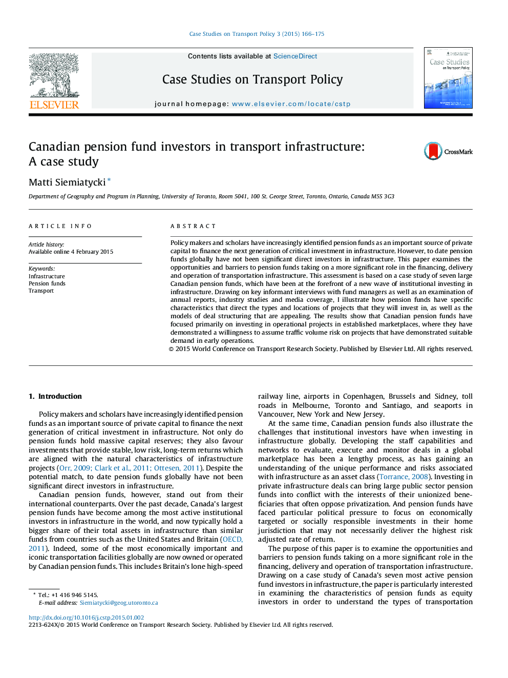 Canadian pension fund investors in transport infrastructure: A case study