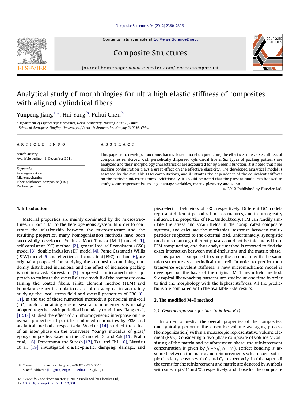 عکس صفحه اول مقاله: Analytical study of morphologies for ultra high elastic stiffness of composites with aligned cylindrical fibers Analytical study of morphologies for ultra high elastic stiffness of composites with aligned cylindrical fibers