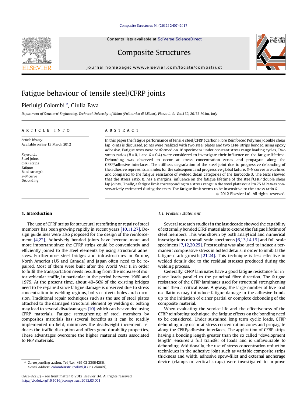 Fatigue behaviour of tensile steel/CFRP joints