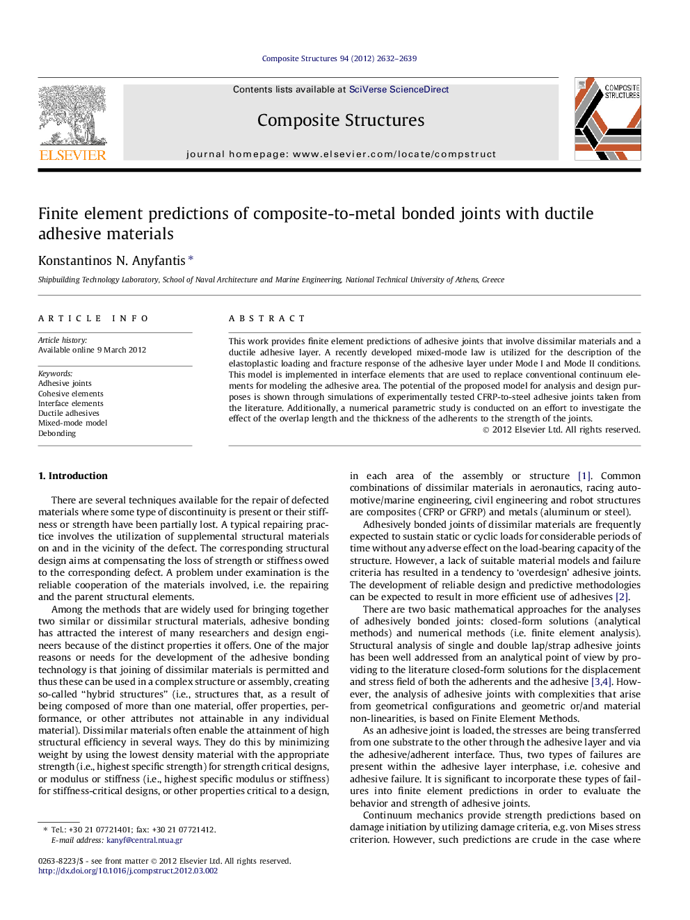 Finite element predictions of composite-to-metal bonded joints with ductile adhesive materials