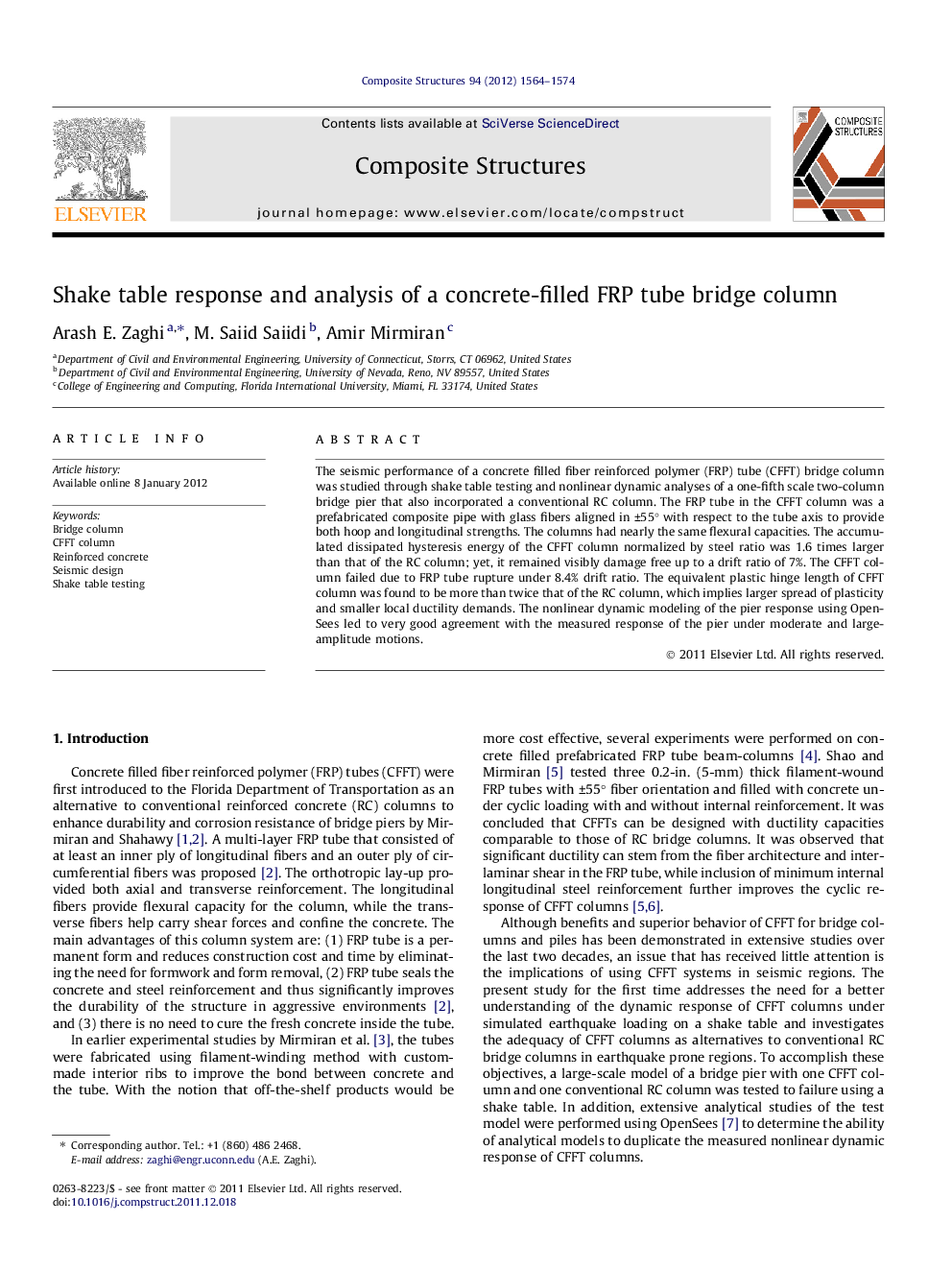 Shake table response and analysis of a concrete-filled FRP tube bridge column