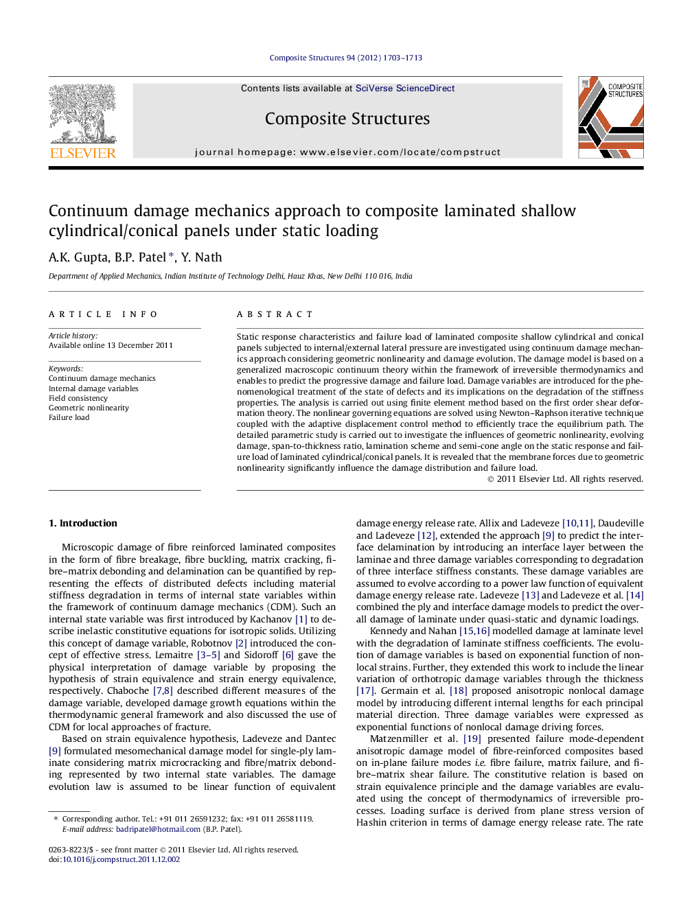 Continuum damage mechanics approach to composite laminated shallow cylindrical/conical panels under static loading