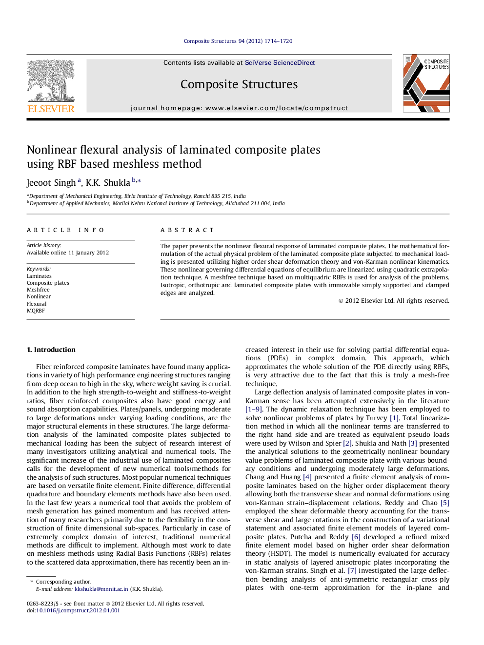 عکس صفحه اول مقاله: Nonlinear flexural analysis of laminated composite plates using RBF based meshless method Nonlinear flexural analysis of laminated composite plates using RBF based meshless method