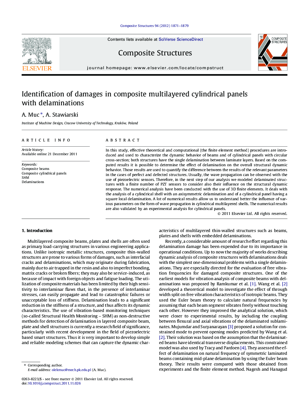 Identification of damages in composite multilayered cylindrical panels with delaminations