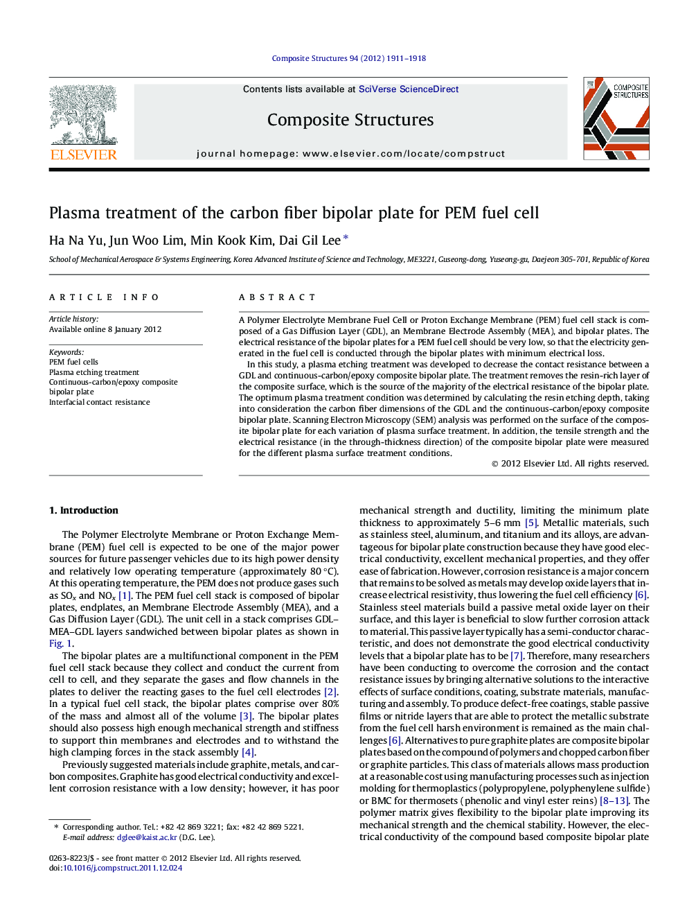 Plasma treatment of the carbon fiber bipolar plate for PEM fuel cell