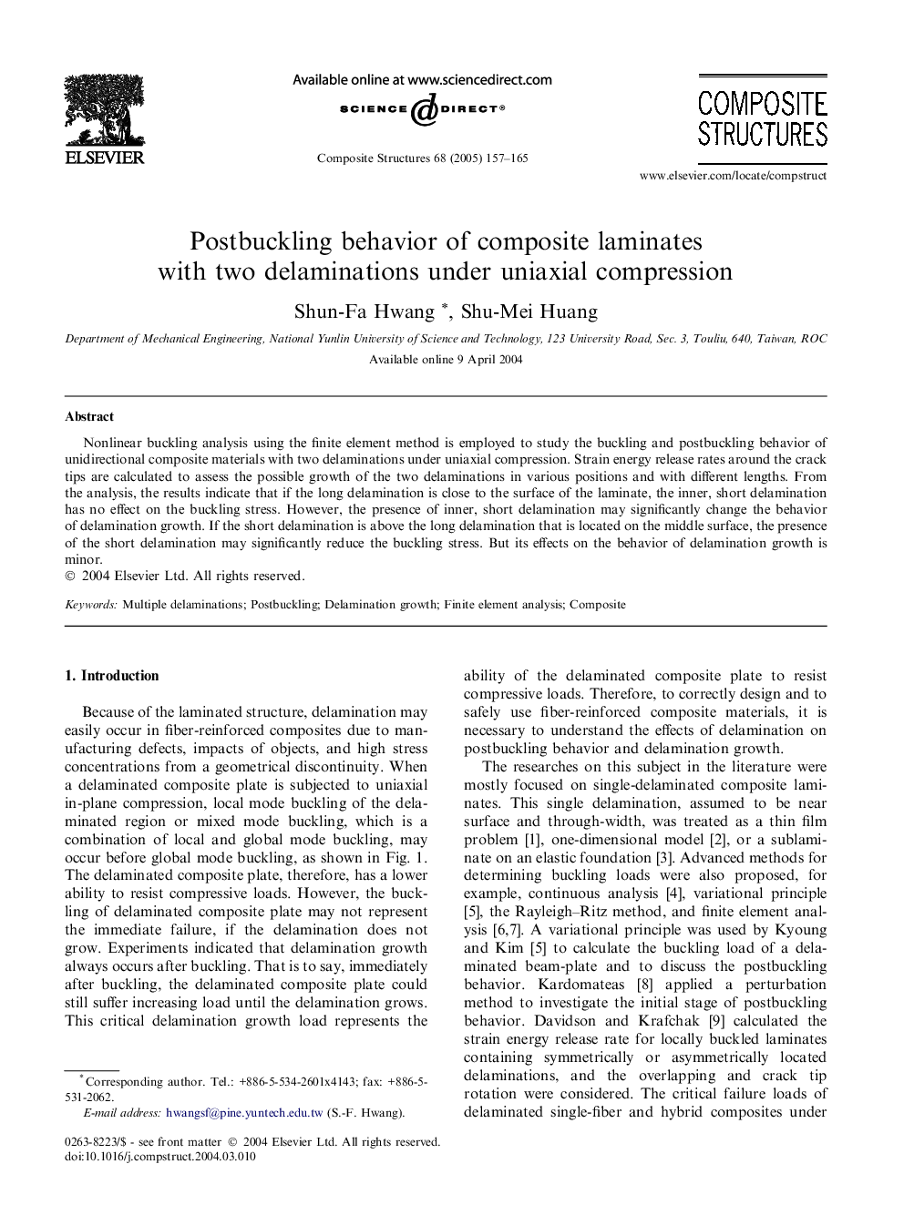Postbuckling behavior of composite laminates with two delaminations under uniaxial compression